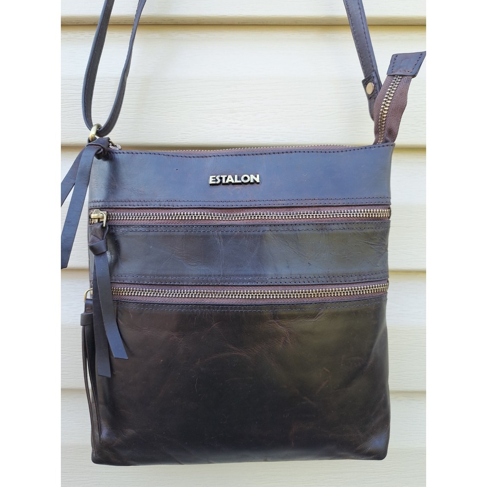 Estalon Genuine Oiled Waxed Leather Distressed Brown Boho Crossbody Bag Purse
